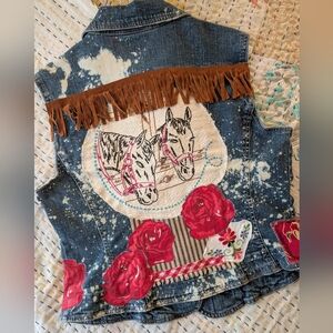 Upcycled Cowgirl Denim Vest w vintage embroidered Horses, added red rose fabrics